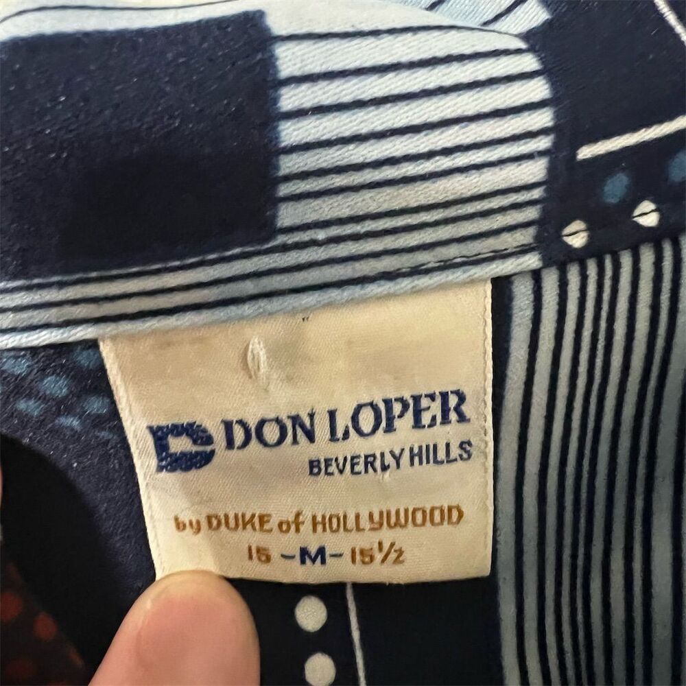 Vintage Don Loper Beverly Hills Men's M Blue Geometric Long Sleeve Shirt Retro - Picture 3 of 7